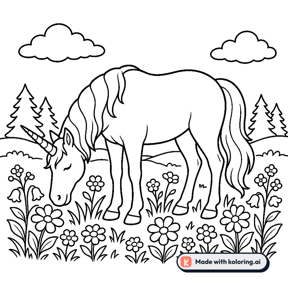 Black and white coloring page of unicorn grazing in a field of wildflowers