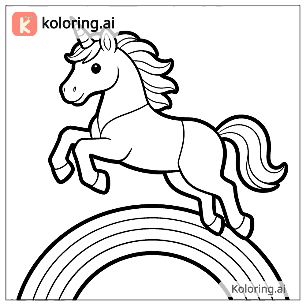 Black and white coloring page of unicorn jumping over a rainbow