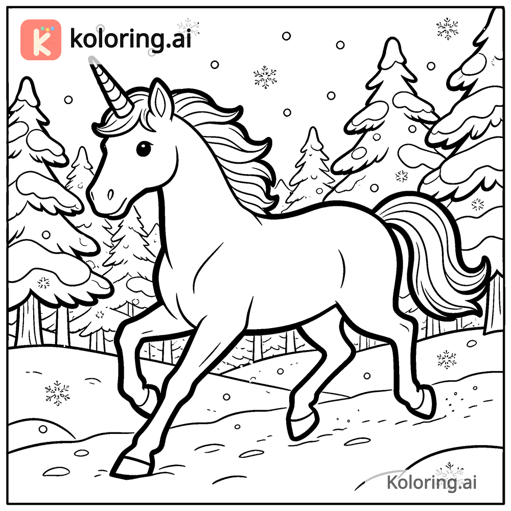 Black and white coloring page of unicorn prancing through a snowy forest