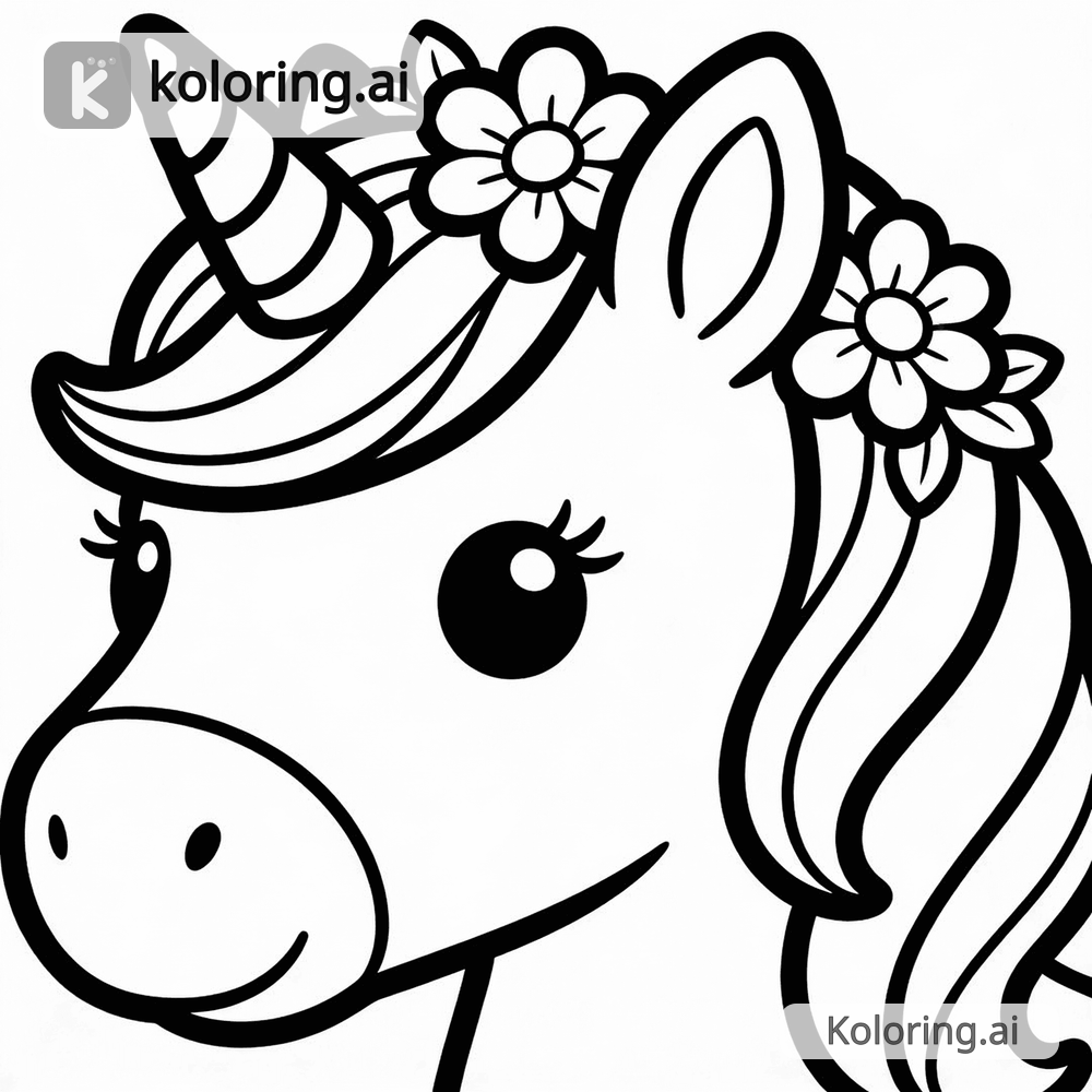 Black and white coloring page of unicorn princess with flowers in her mane