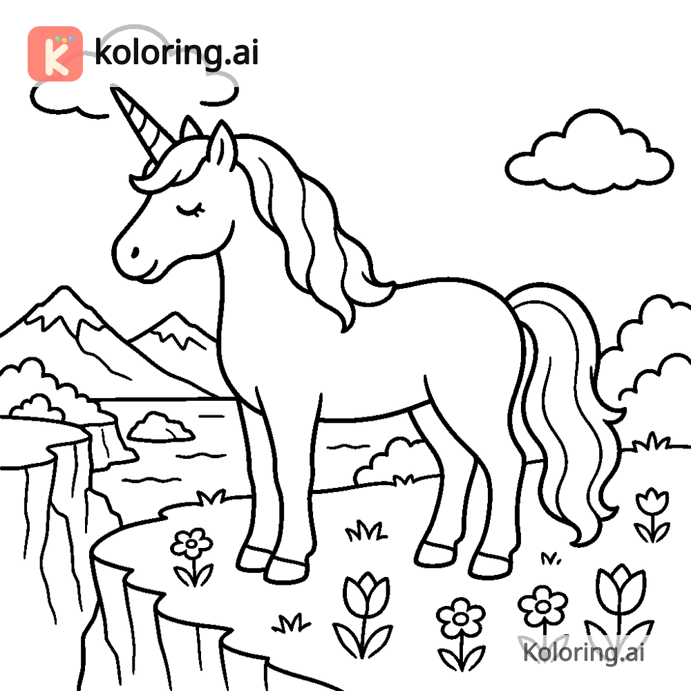Black and white coloring page of unicorn standing at the edge of a cliffside meadow