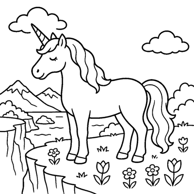 Unicorn Standing at the Edge of a Cliffside Meadow — the blank printable page