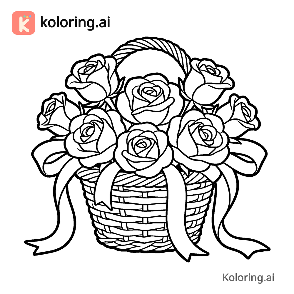 Black and white coloring page of basket overflowing with roses and ribbons