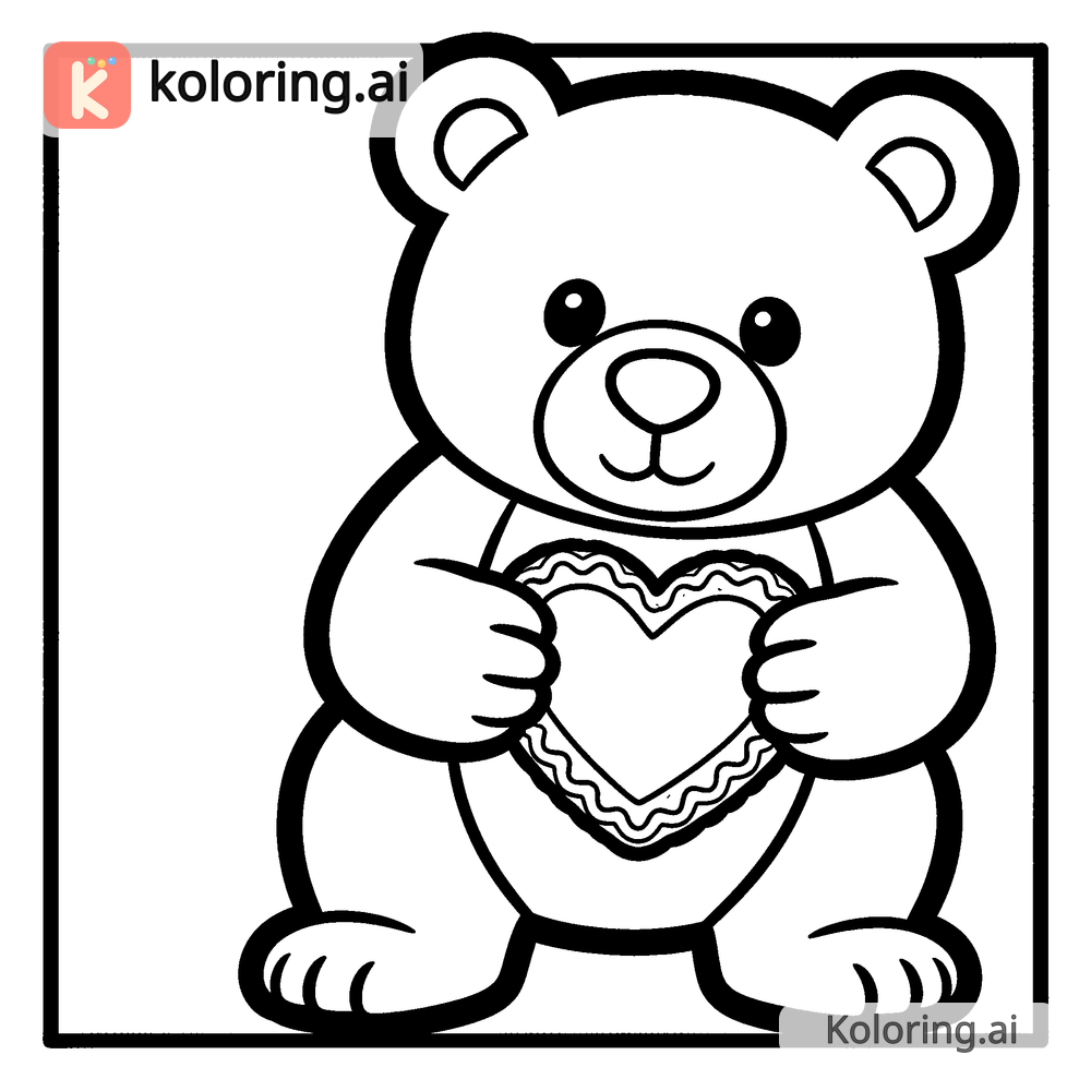 Black and white coloring page of bear cub offering a heart-shaped cookie