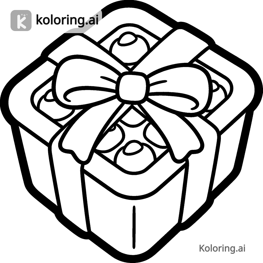Black and white coloring page of box of chocolates tied with a ribbon bow