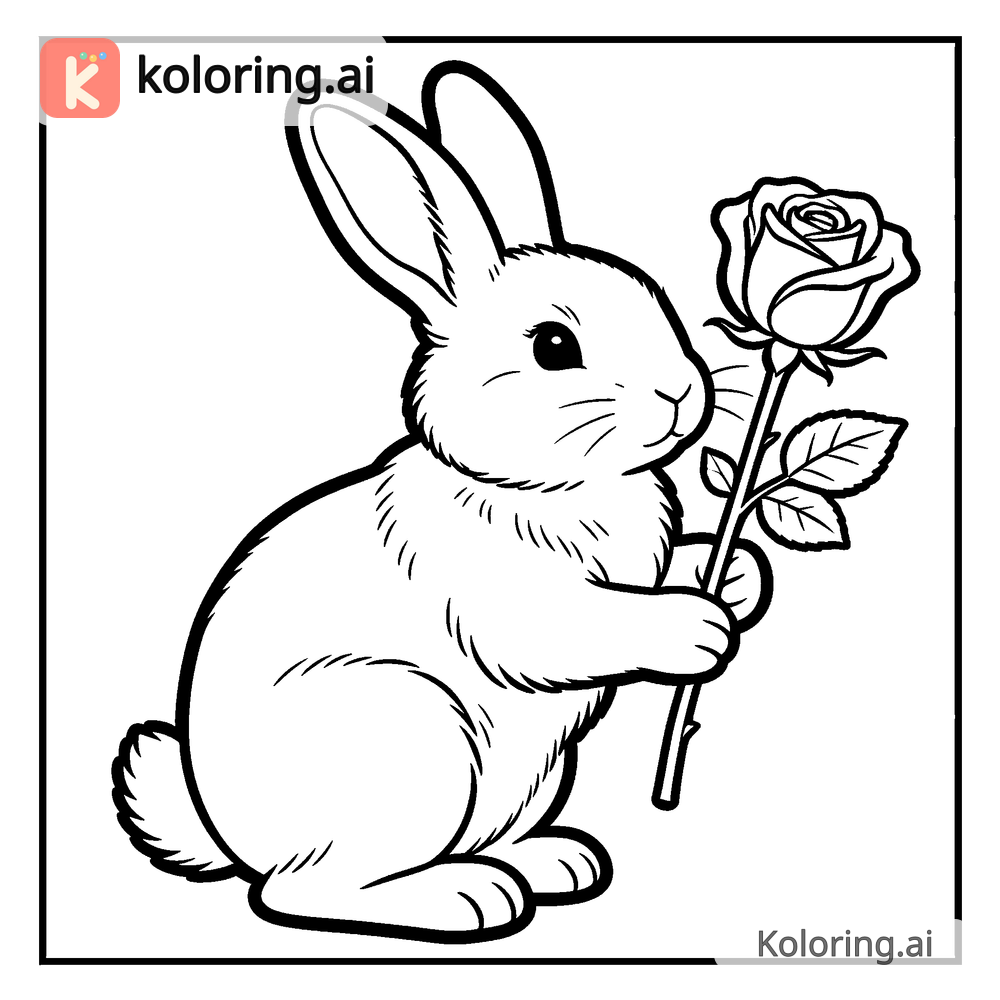 Black and white coloring page of bunny holding a single long-stemmed rose