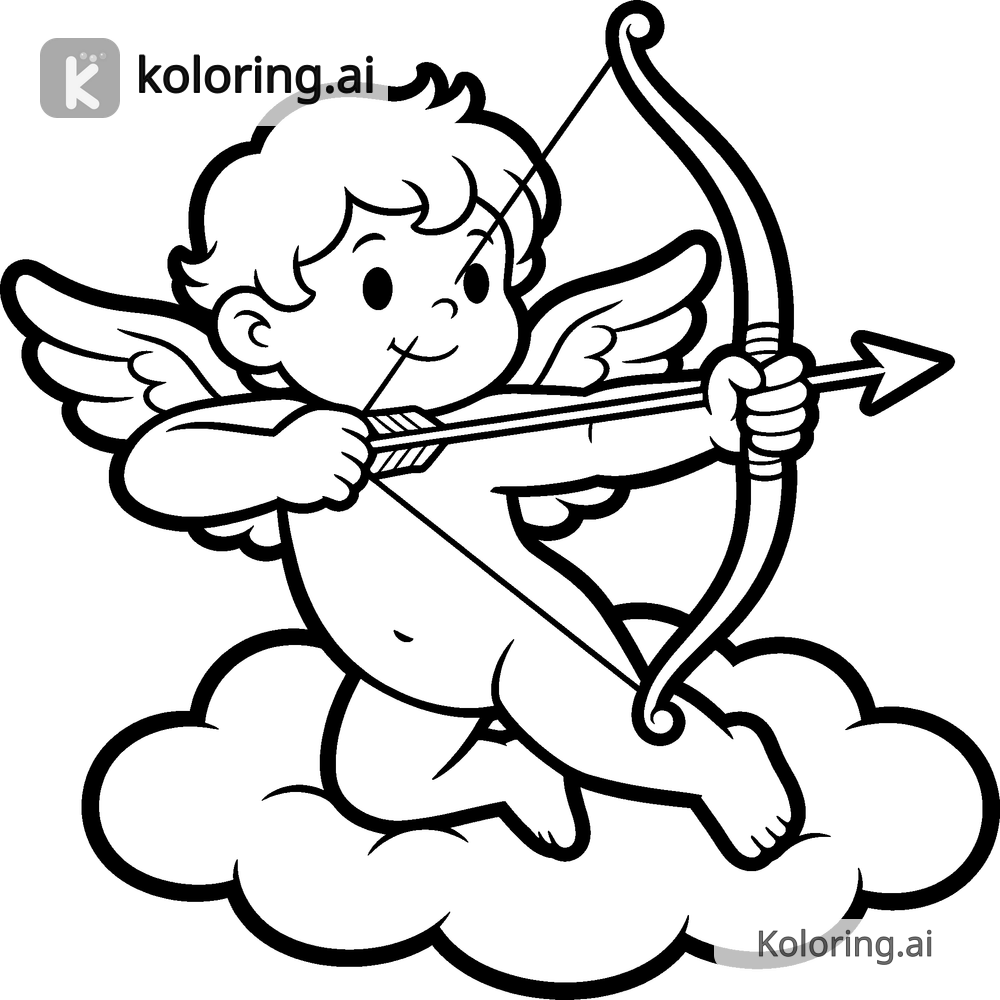 Black and white coloring page of cupid aiming a bow and arrow from a cloud