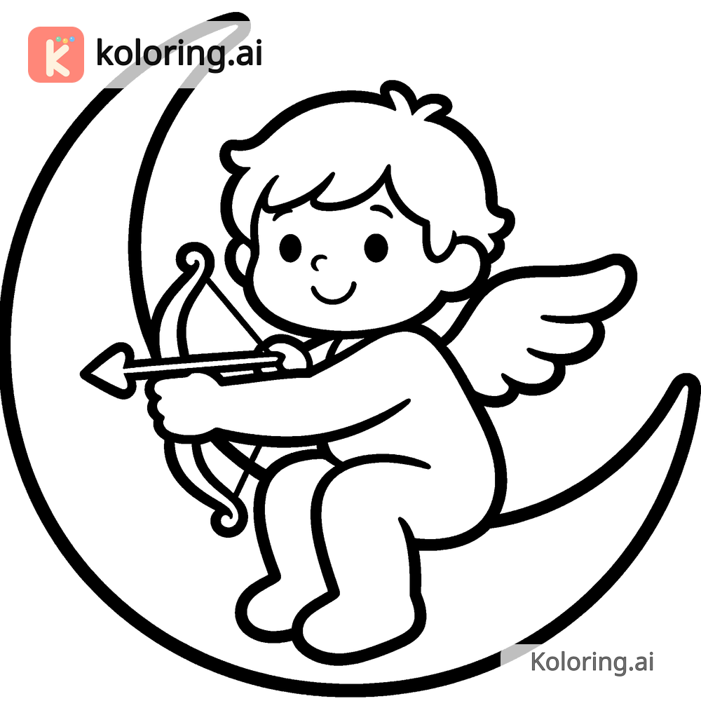 Black and white coloring page of cupid sitting on a crescent moon