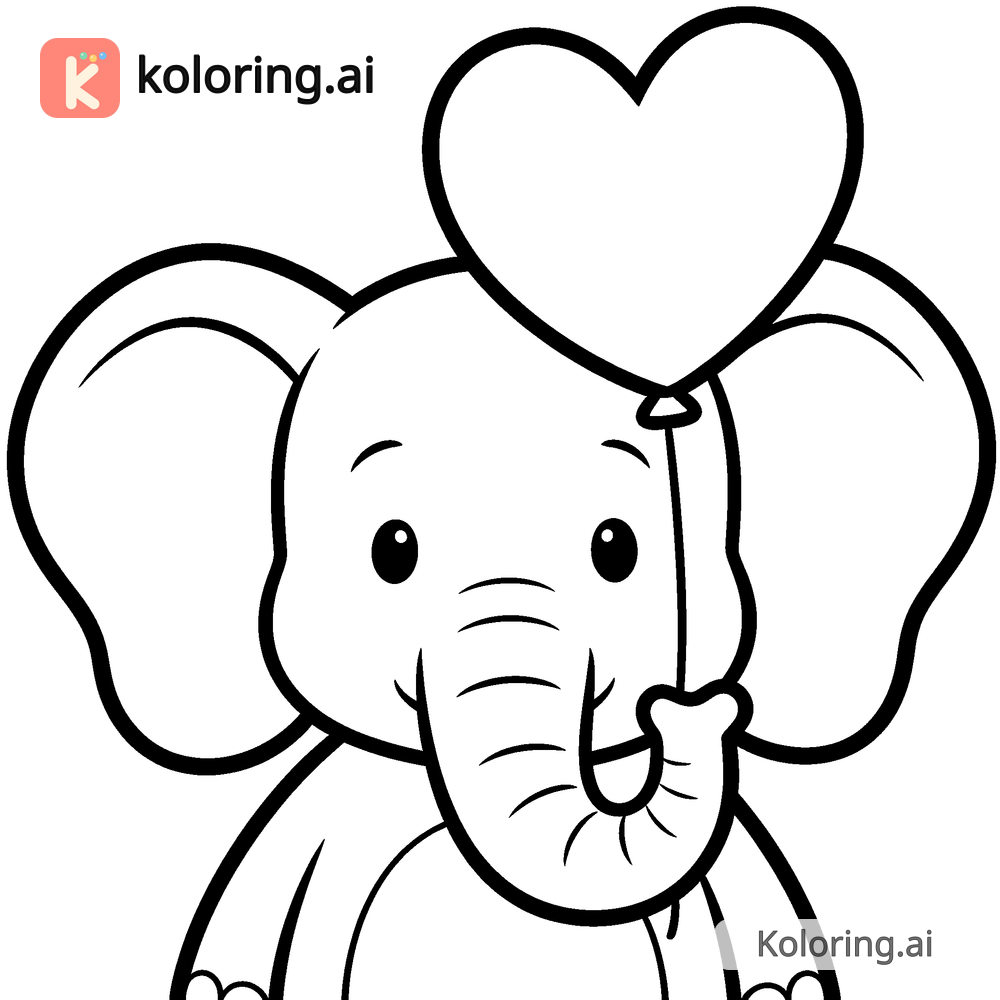 Black and white coloring page of elephant holding a heart balloon with its trunk