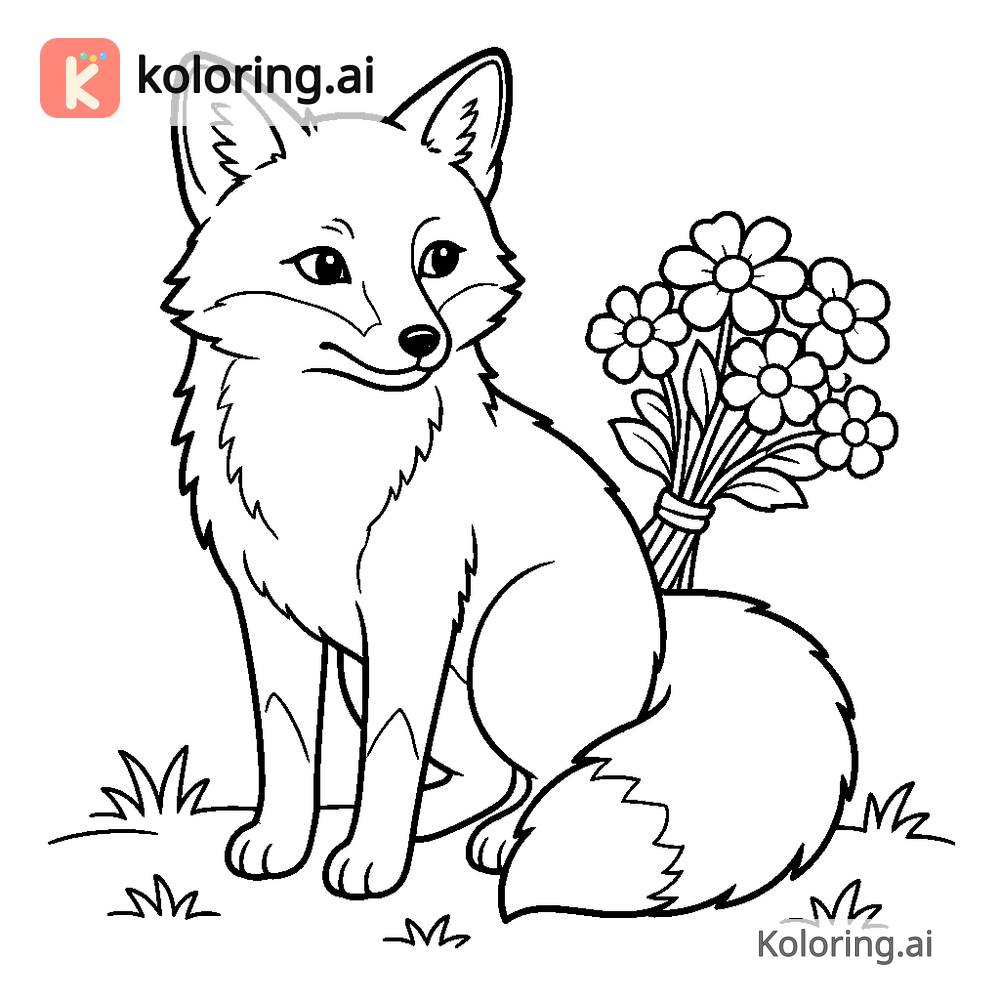 Black and white coloring page of fox hiding a bouquet behind its back