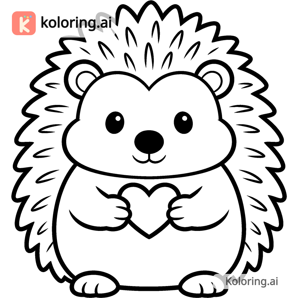 Black and white coloring page of hedgehog holding a tiny heart in its paws