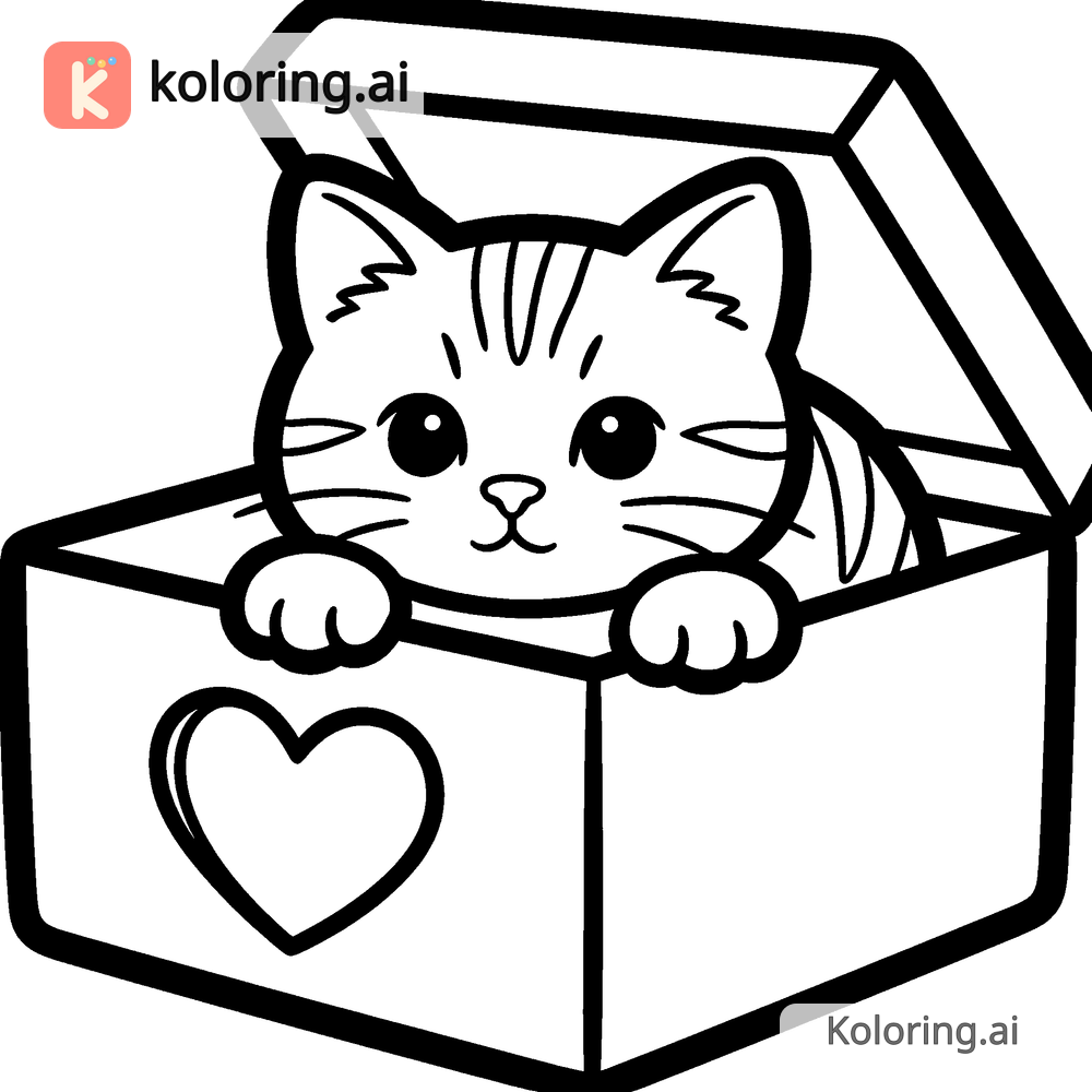 Black and white coloring page of kitten peeking out of a valentine gift box