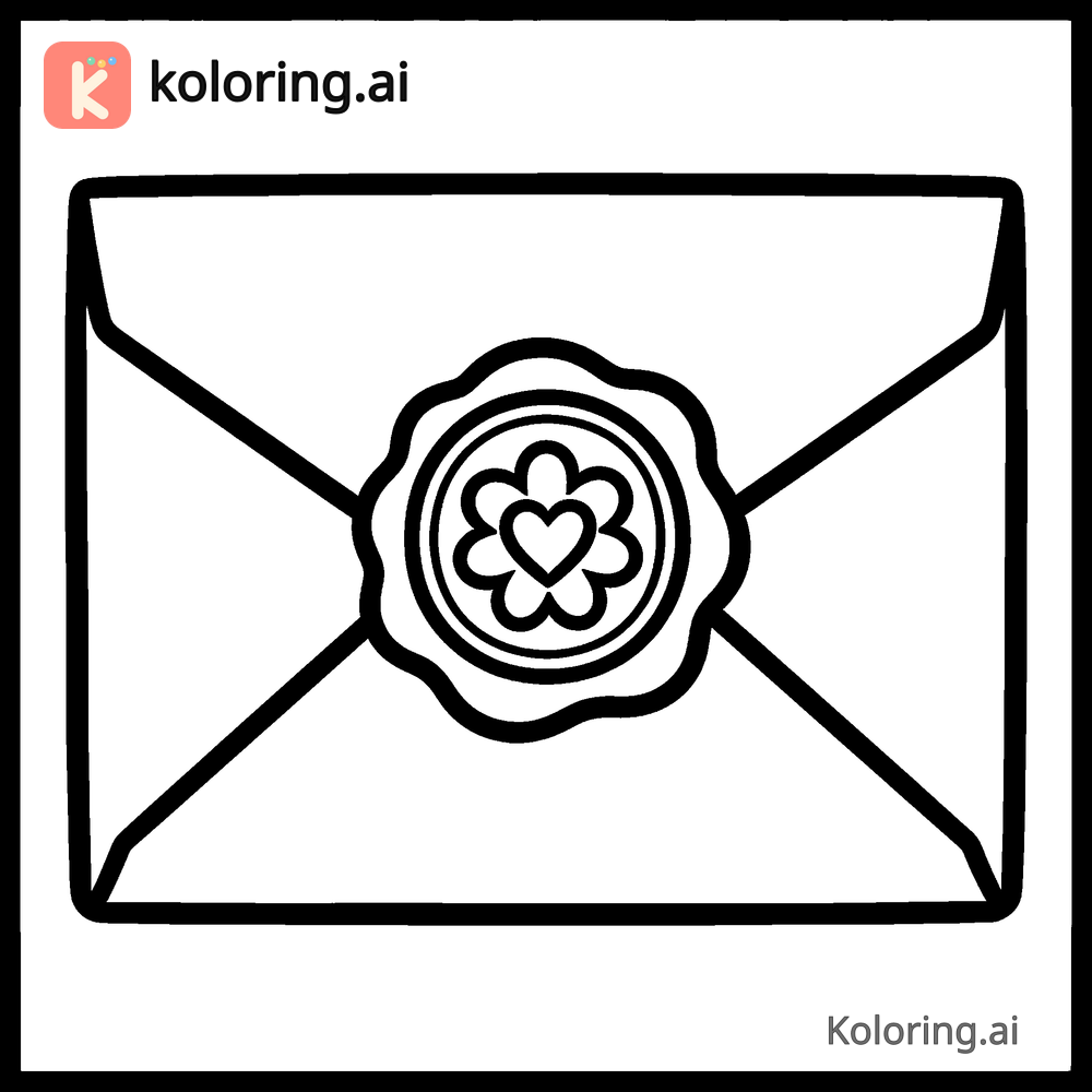 Black and white coloring page of love letter sealed with a wax stamp
