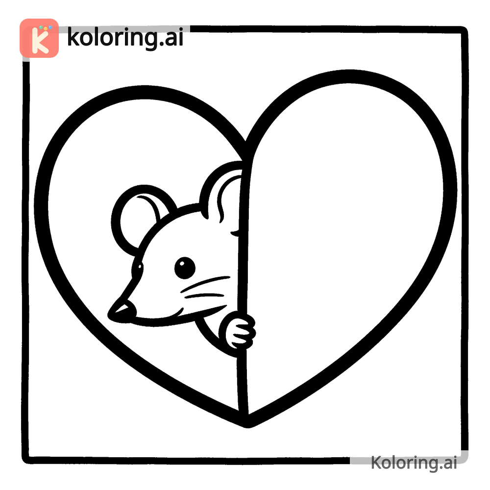 Black and white coloring page of mouse peeking out from behind a giant heart
