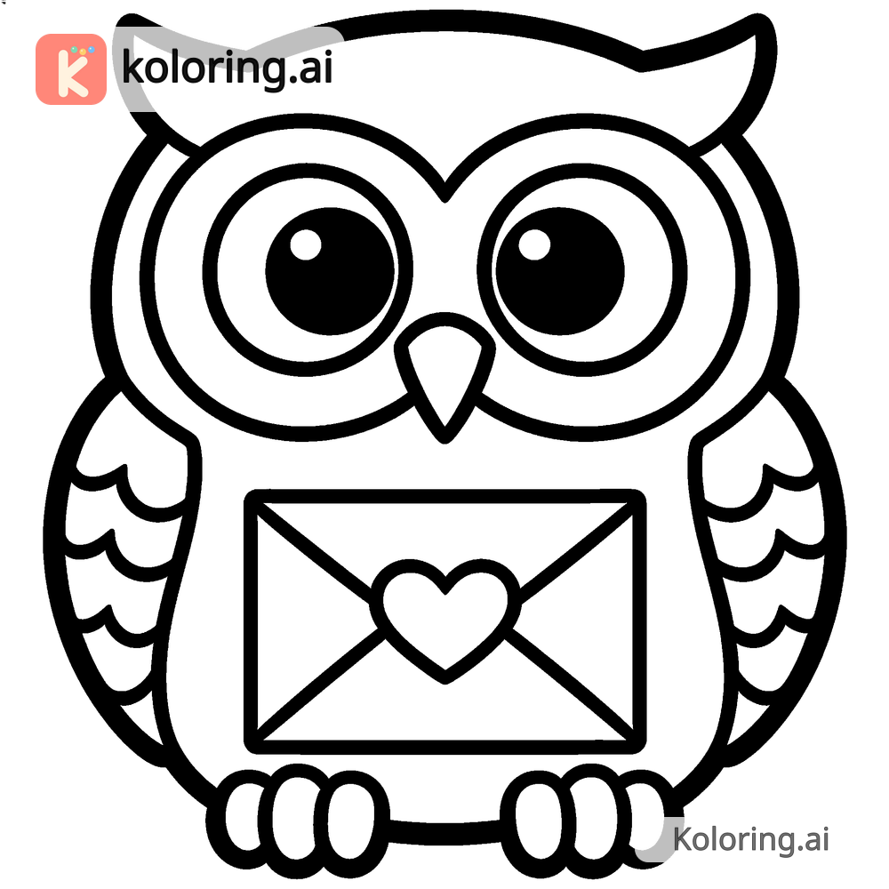 Black and white coloring page of owl delivering a love letter envelope