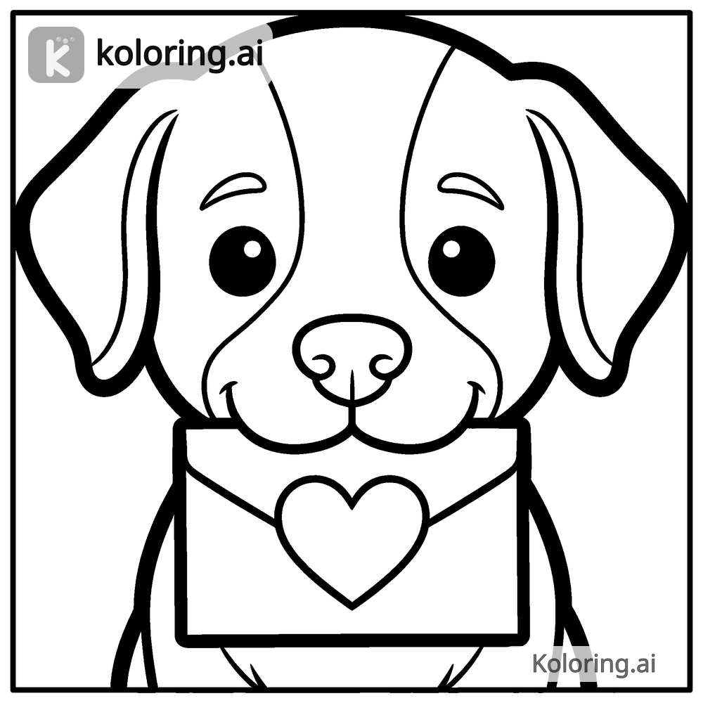 Black and white coloring page of puppy holding a valentine card in its mouth