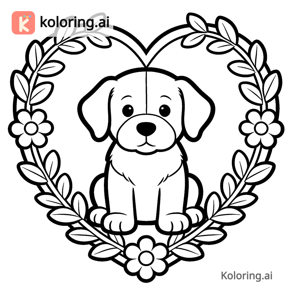 Black and white coloring page of puppy sitting inside a heart-shaped wreath