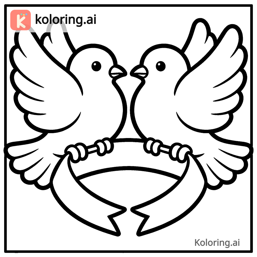 Black and white coloring page of two doves carrying a ribbon between them