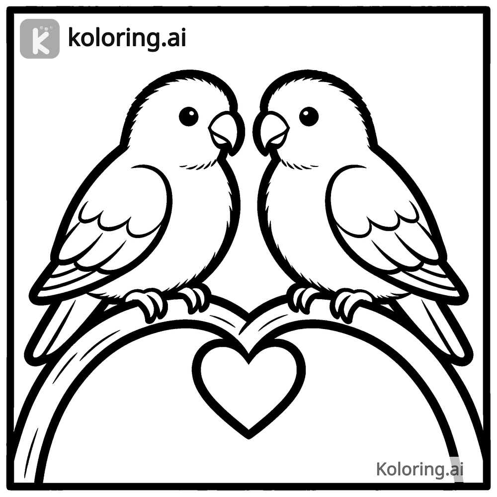 Black and white coloring page of two lovebirds on a branch with a heart