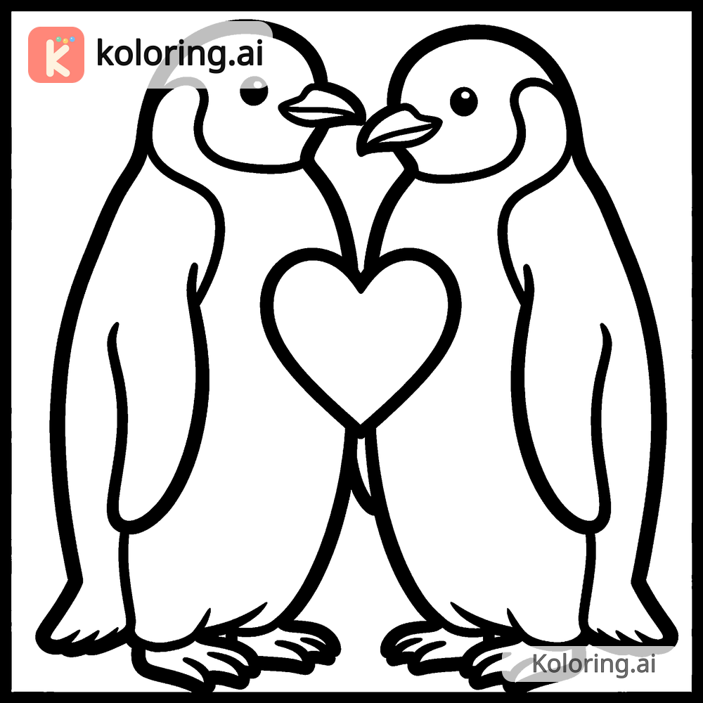 Black and white coloring page of two penguins sharing a heart between them