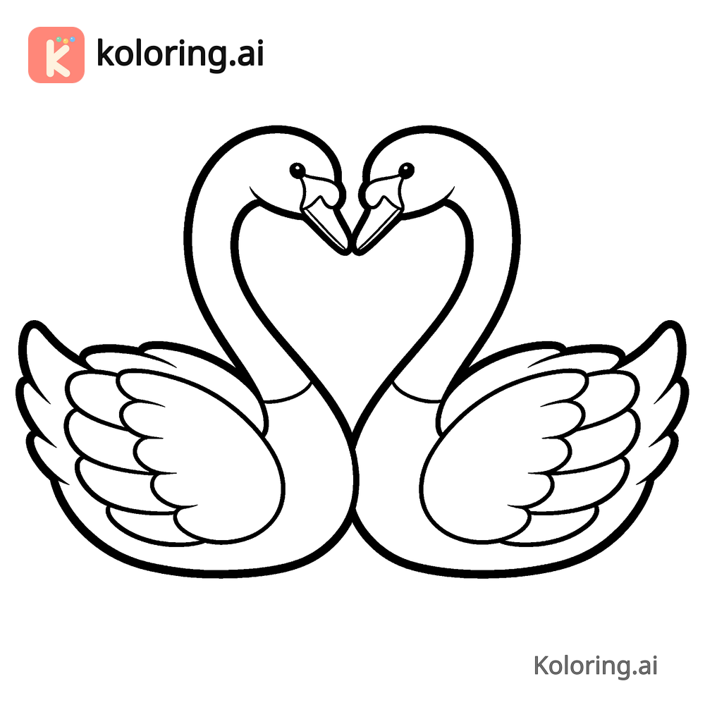 Black and white coloring page of two swans forming a heart with their necks