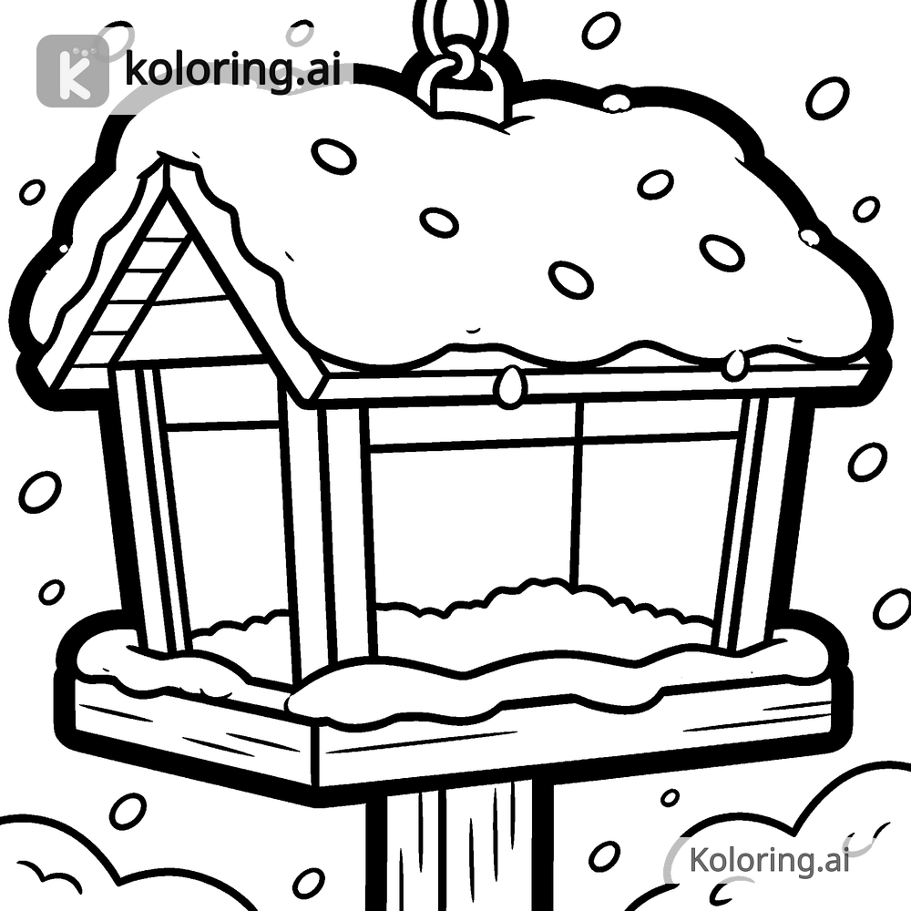 Black and white coloring page of bird feeder covered in fresh snowfall