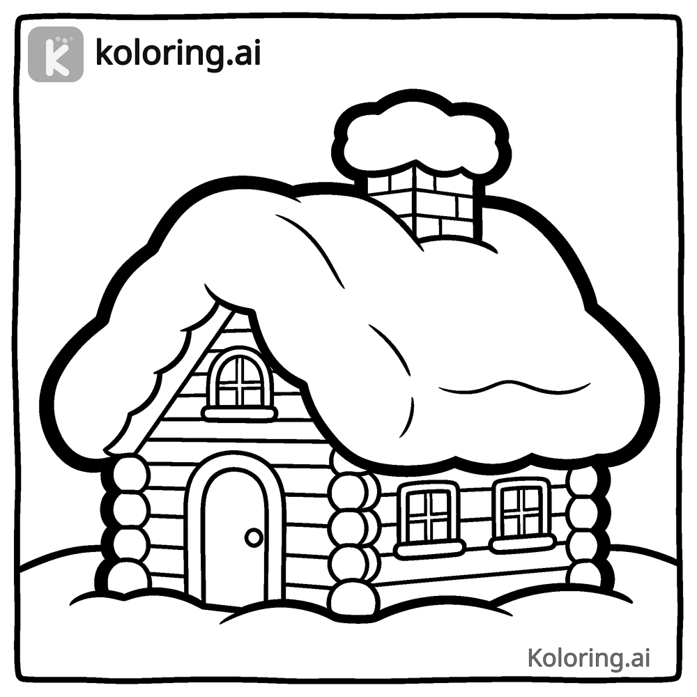 Black and white coloring page of chalet rooftop piled high with snow