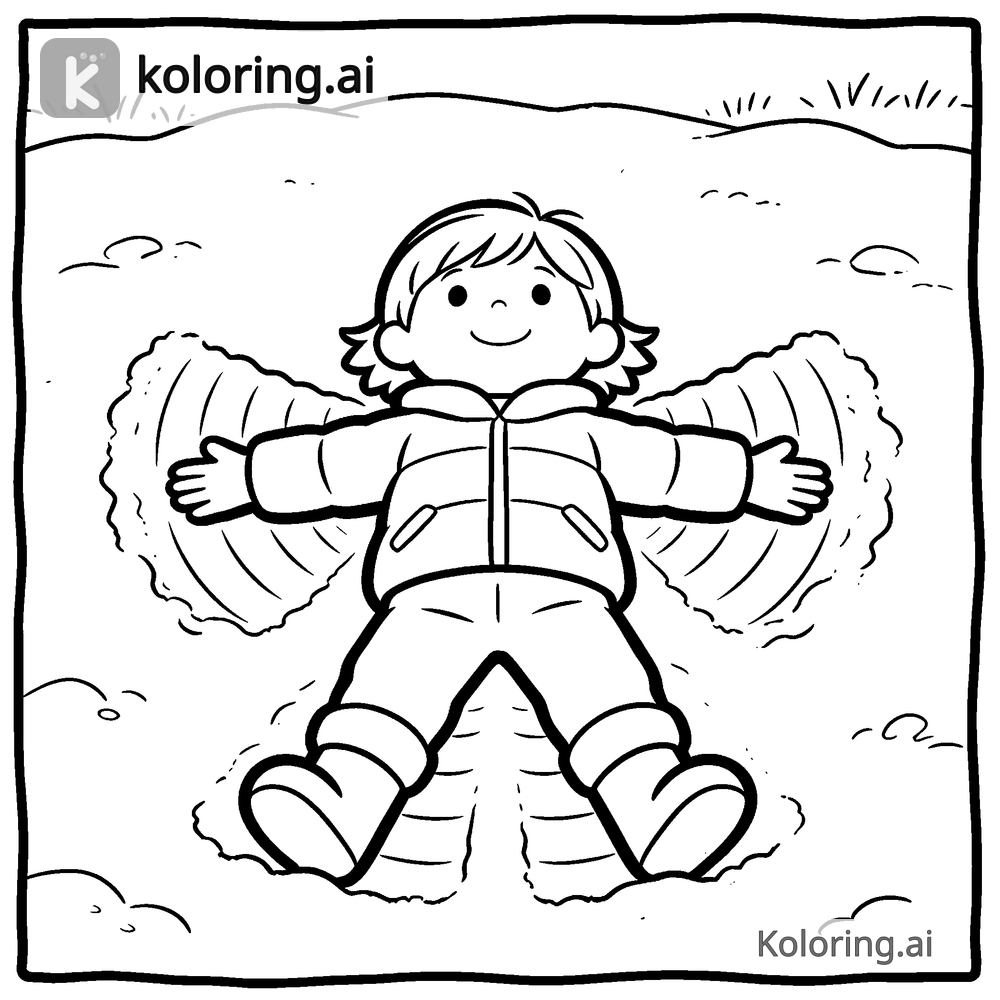 Black and white coloring page of child making a snow angel in the yard