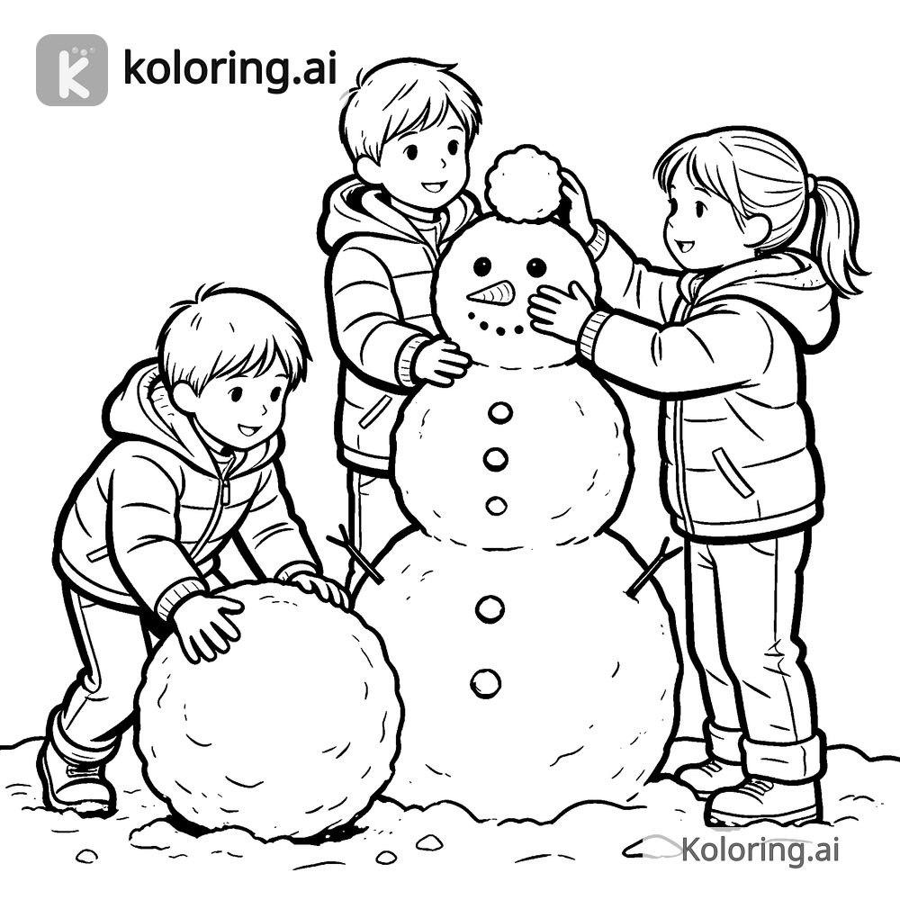 Black and white coloring page of children building a snowman