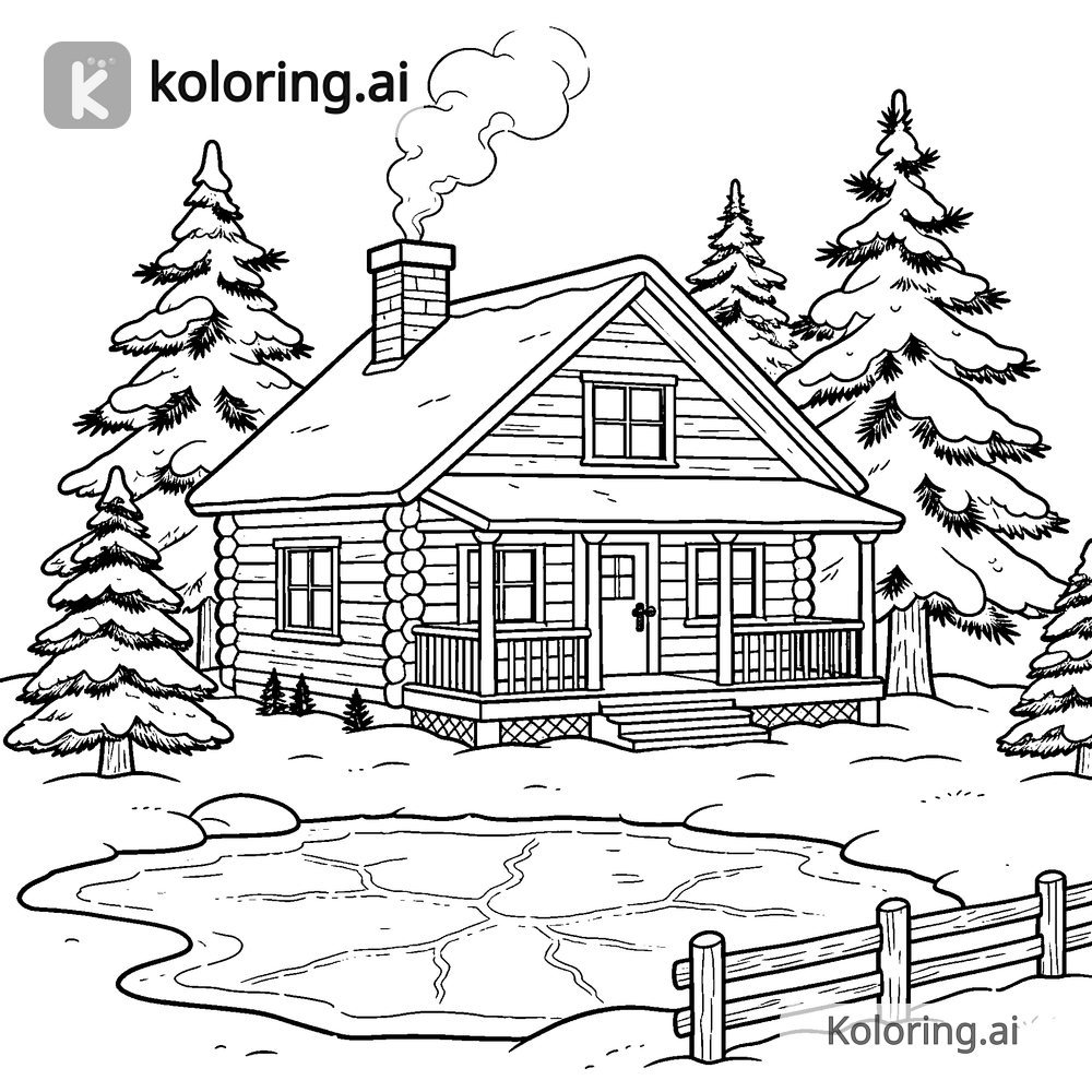 Black and white coloring page of cozy cabin in a snowy forest