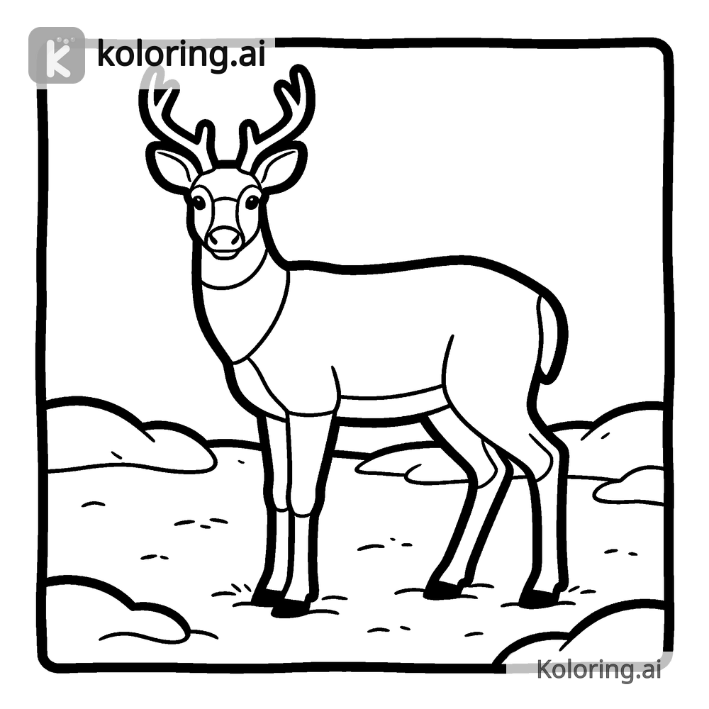 Black and white coloring page of deer standing in a snowy clearing