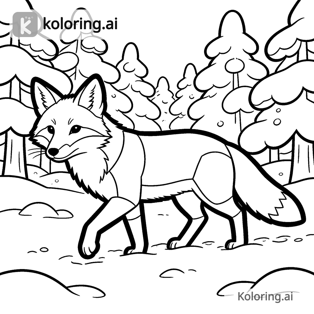 Black and white coloring page of fox walking through a snow-covered forest