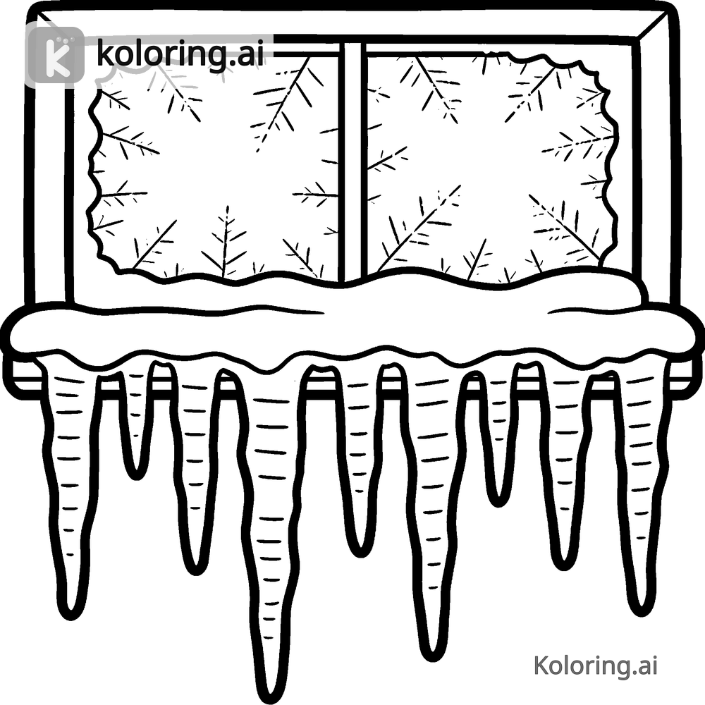Black and white coloring page of frosty window with icicles hanging down