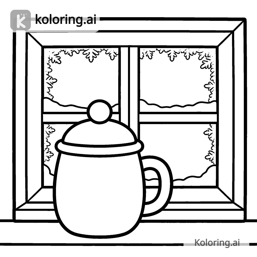 Black and white coloring page of hot cocoa mug beside a frosty window