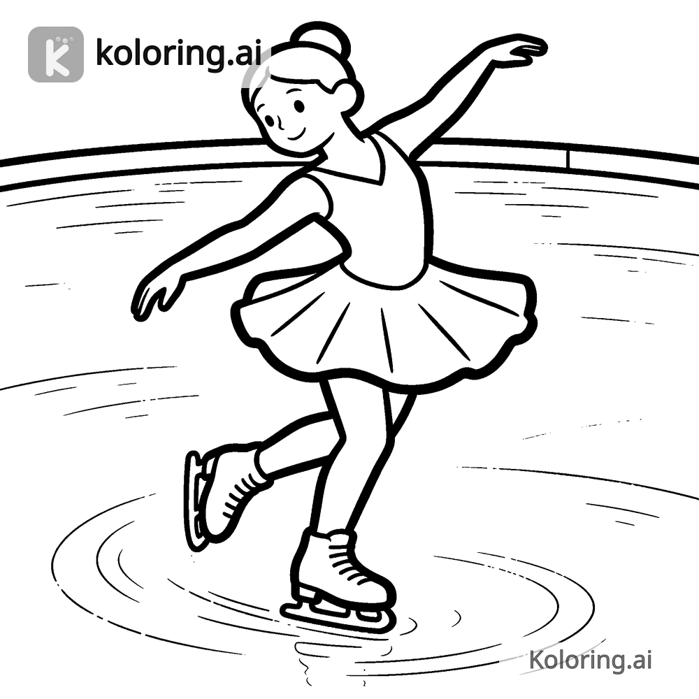 Black and white coloring page of ice skater twirling on a frozen pond