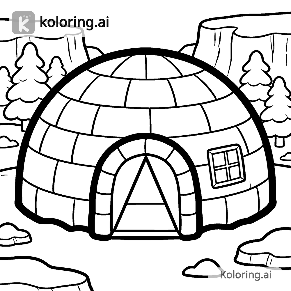 Black and white coloring page of igloo on a frozen arctic landscape