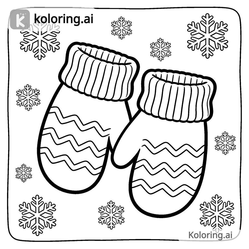 Black and white coloring page of mittens and falling snowflakes