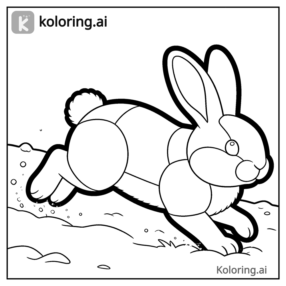 Black and white coloring page of rabbit hopping through fresh snow