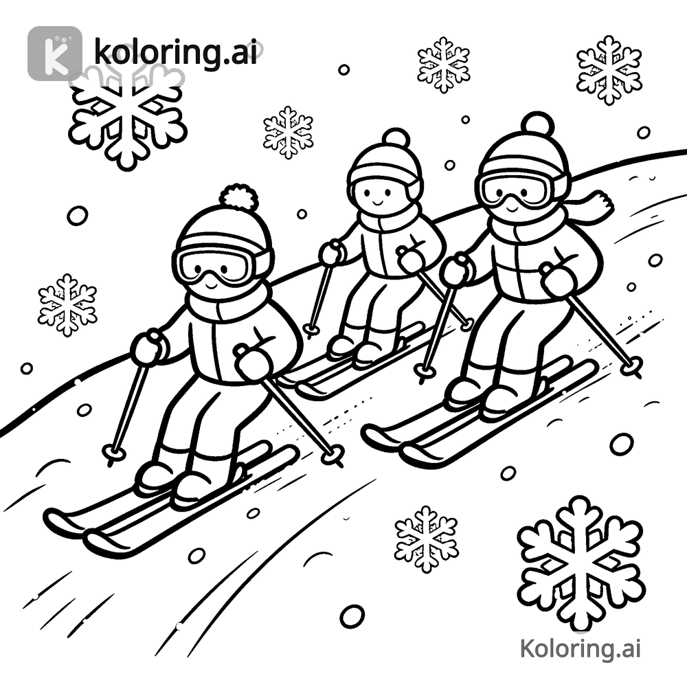 Black and white coloring page of skiers gliding down a snowy slope