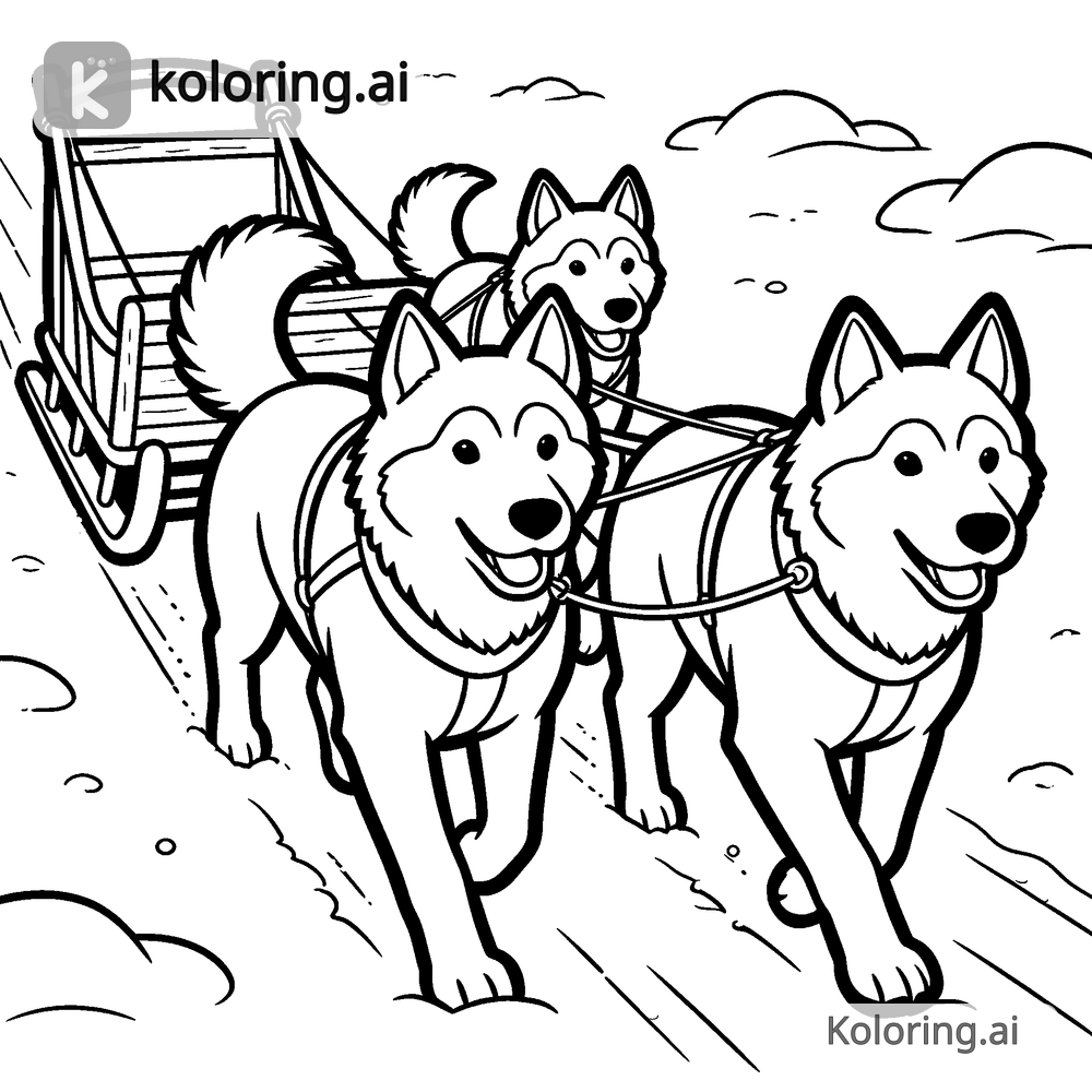Black and white coloring page of sled dogs pulling a sleigh through snow