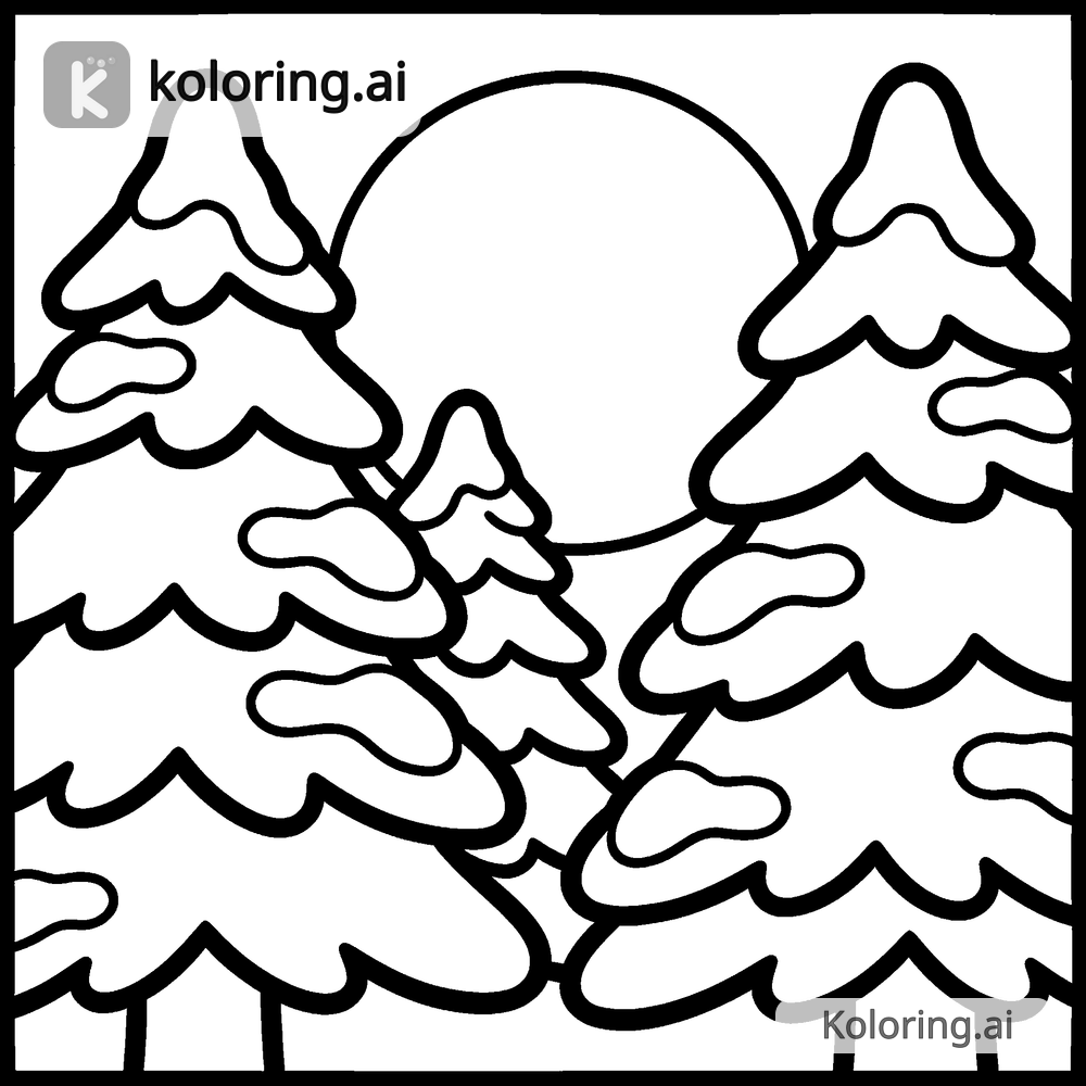 Black and white coloring page of snow-covered pine trees under a full moon