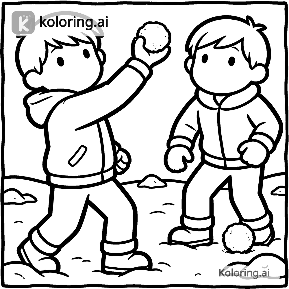 Black and white coloring page of snowball fight between two friends