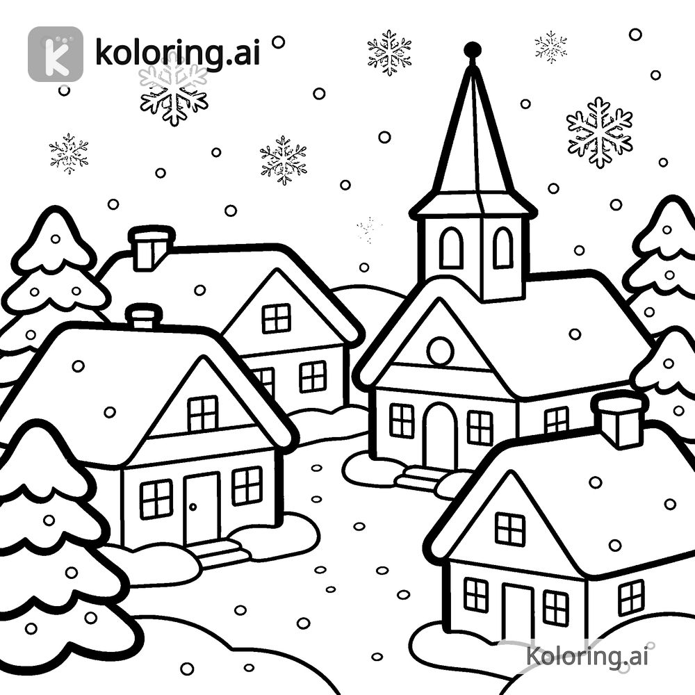 Black and white coloring page of snowflakes falling over a quiet village