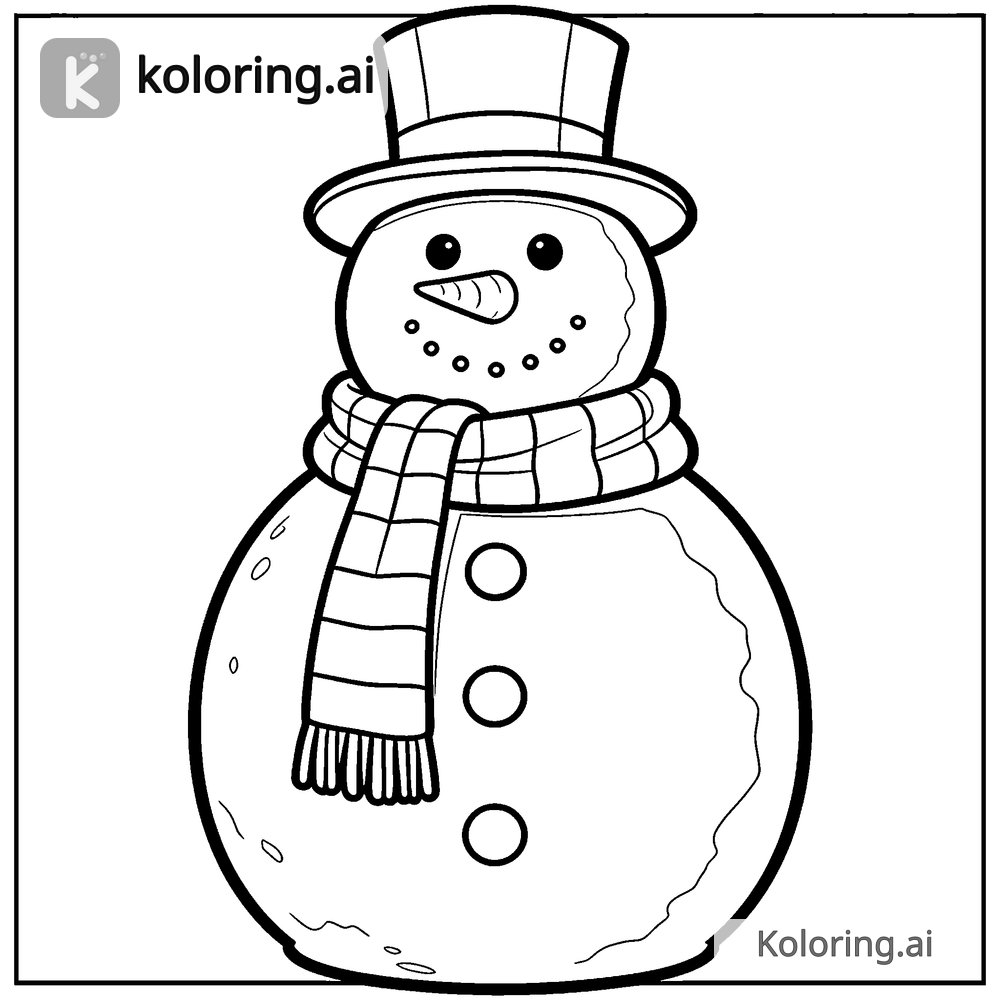 Black and white coloring page of snowman family in a winter yard