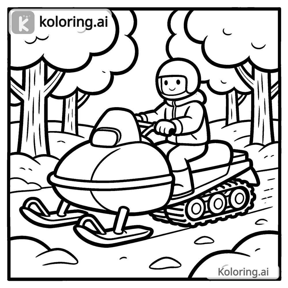 Black and white coloring page of snowmobile riding through a winter forest