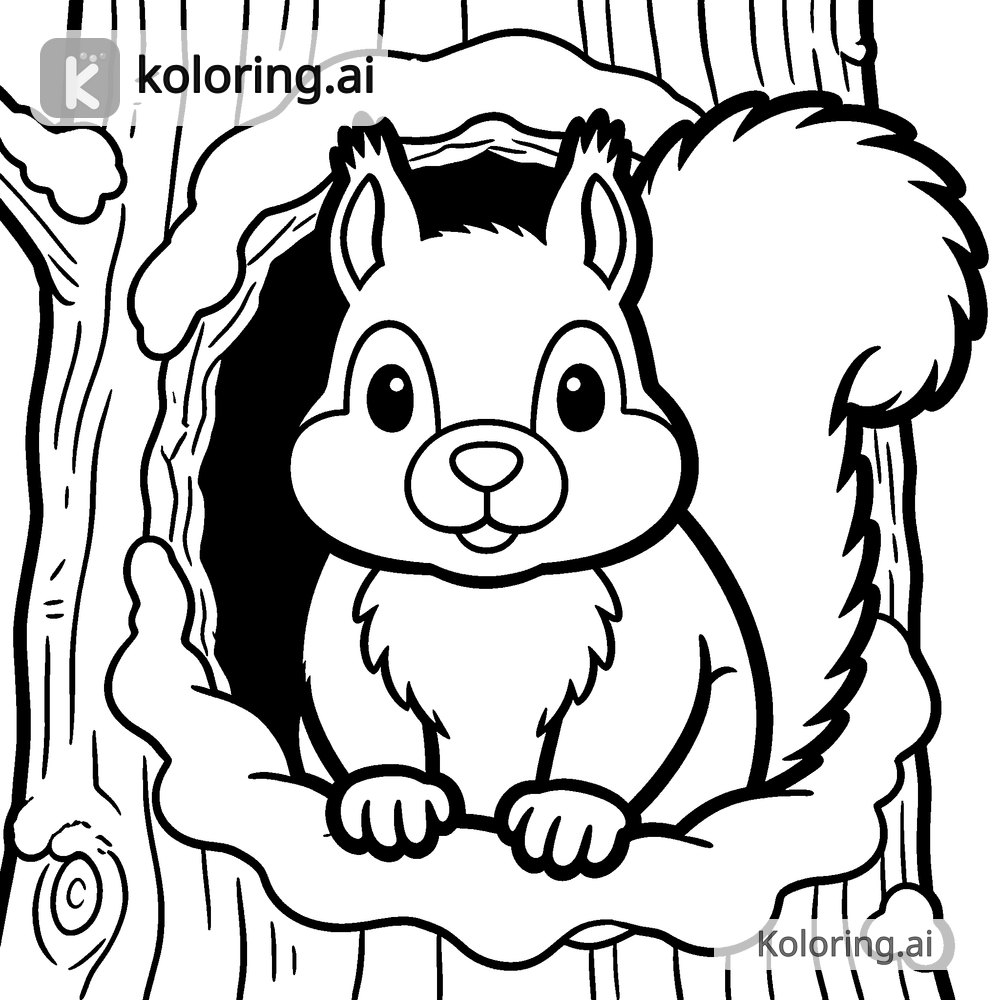 Black and white coloring page of squirrel peeking from a snowy tree hollow