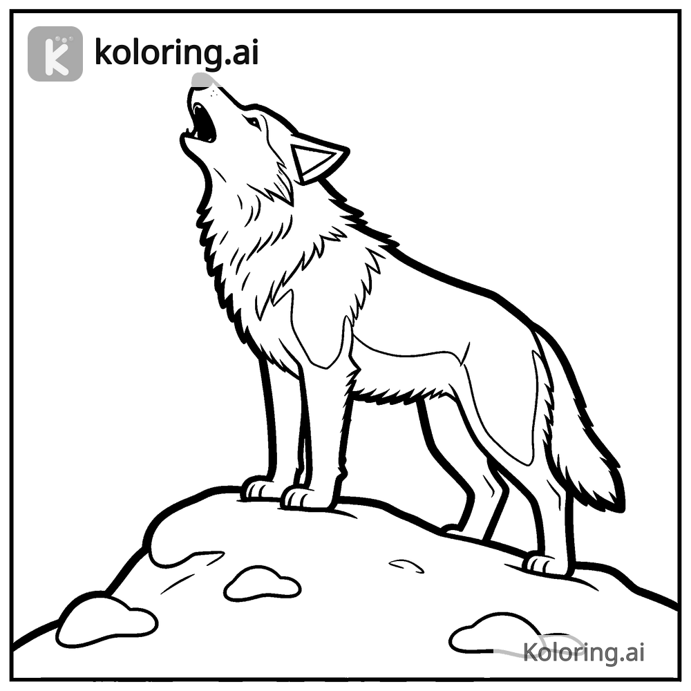 Black and white coloring page of wolf howling on a snowy ridge