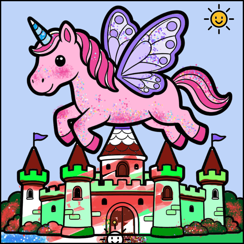Flying Unicorn with Butterfly Wings Over a Castle