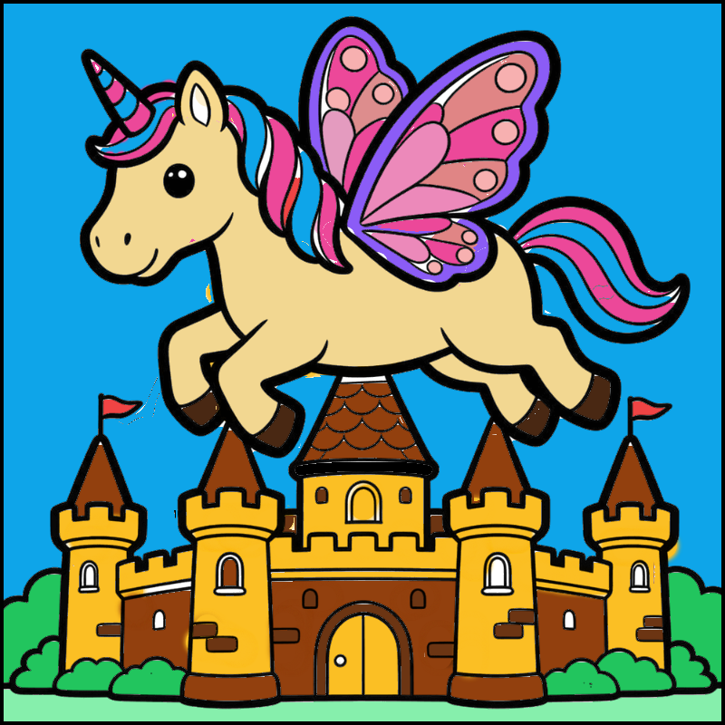 Flying Unicorn with Butterfly Wings Over a Castle